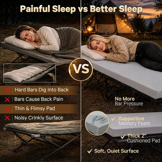 CYMULA Camping Cot Pad 2 Inch Memory Foam, Pad Only,Camping Pad for Folding Cot and Foldable Cot, Portable Roll Up Camp Gear for Car Camping Travel Tent, Non-Slip Waterproof Bottom, Removable Cover