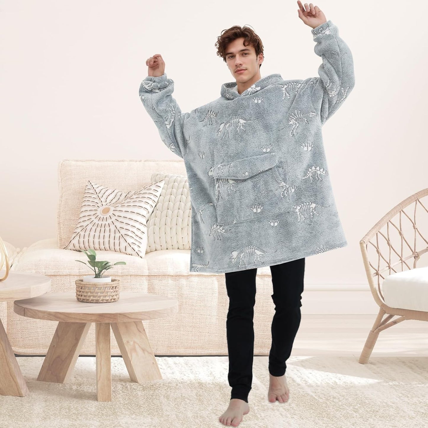 Mewkou Wearable Blanket Hoodie for Adult,Oversized Sherpa Fleece Blanket Hoodie for Women Men,Grey