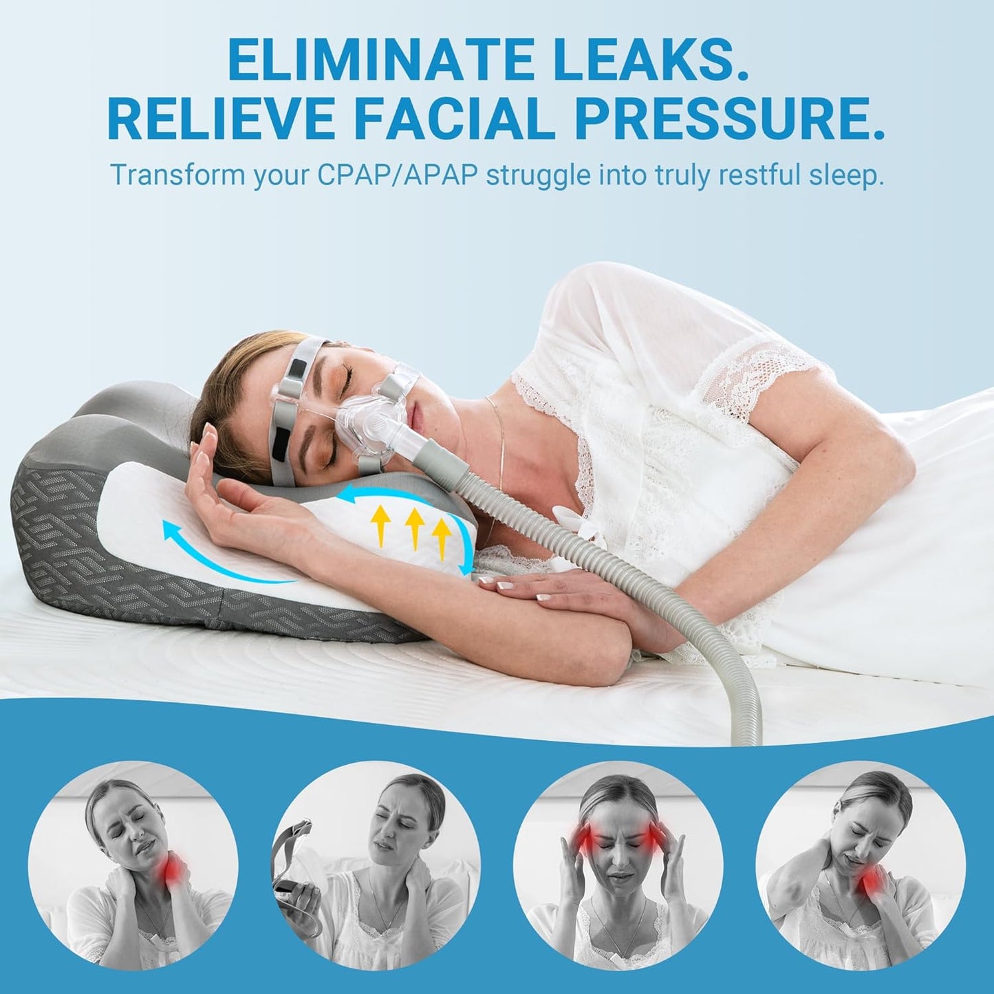 Elviros Cervical Neck Pillow for Neck Pain Relief, CPAP Pillow for Side, Back & Stomach Sleepers, Ergonomic Orthopedic Pillow for CPAP Users to Reduce Air Leaks and Mask Pressure, Dark Grey