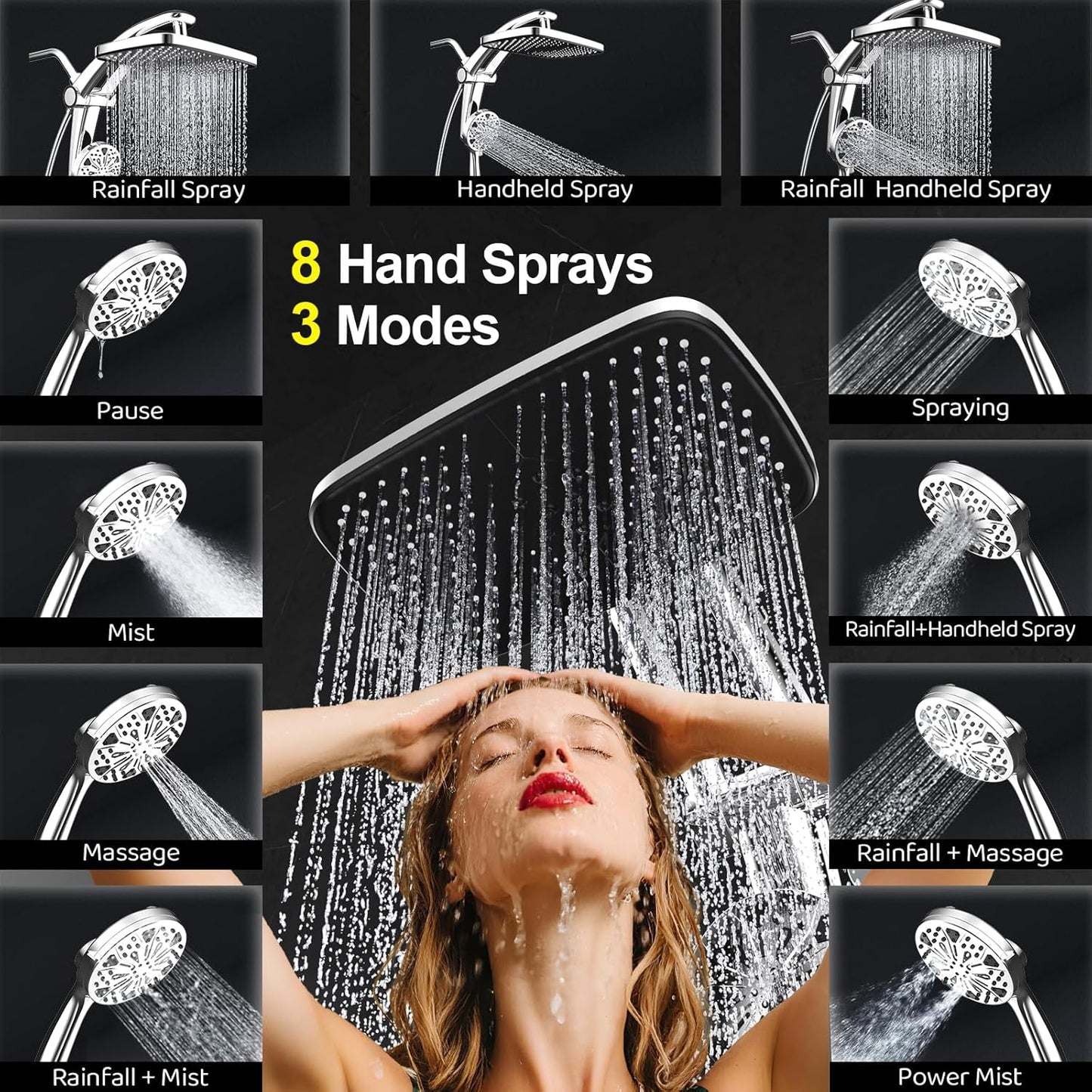 Rain Shower Head with filtered Handheld High Pressure rainfall Shower Heads with Handheld Spray Combo Adjustable one-piece stand daul shower head Built-in Magnetic Docking and Power Jets