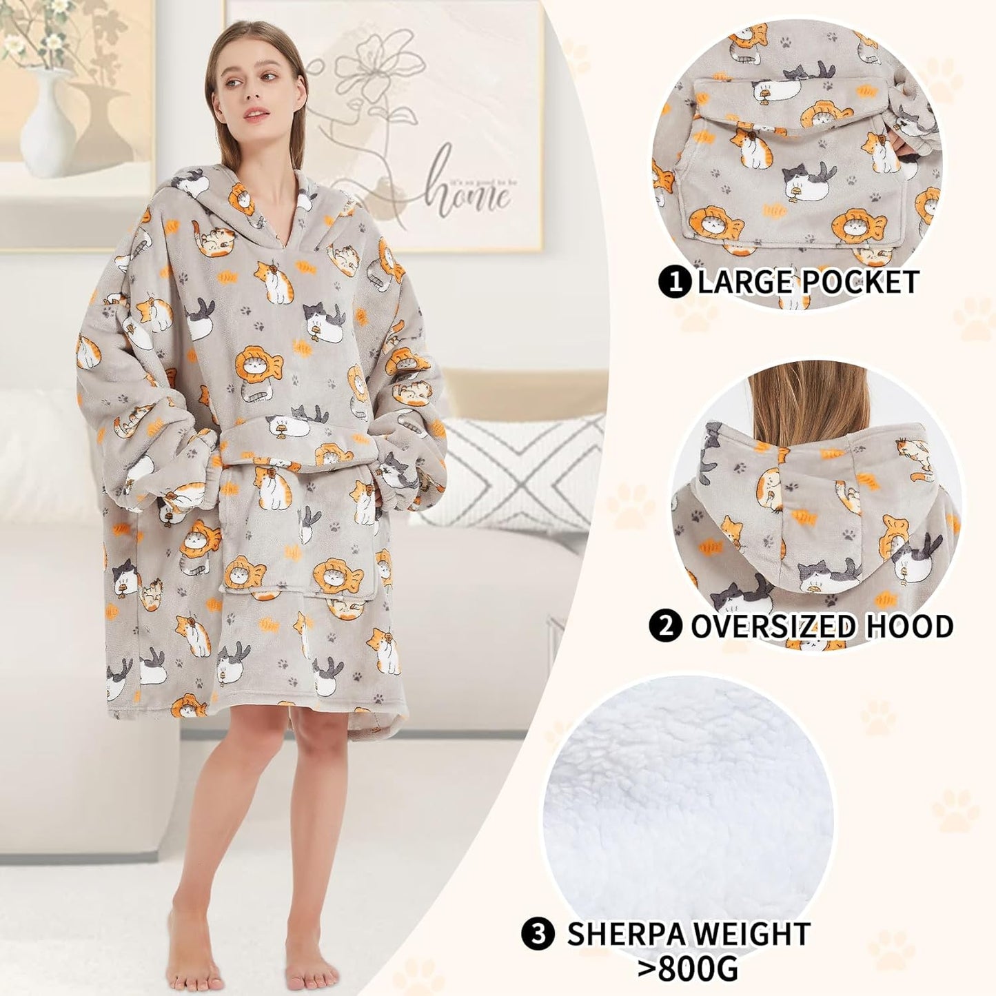 Mewkou Wearable Blanket Hoodie for Adult,Oversized Sherpa Fleece Blanket Hoodie for Women Men,Grey