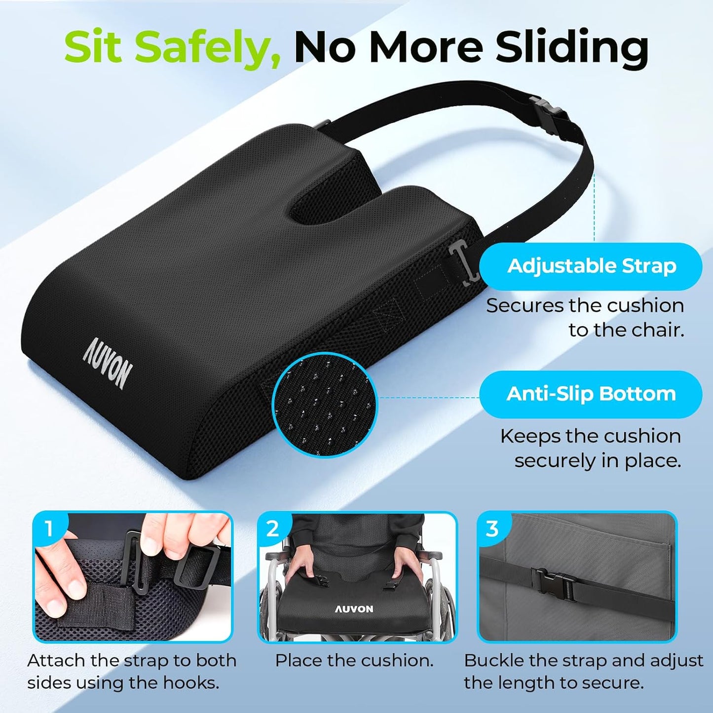 AUVON Gel Wheelchair Seat Cushion, Waterproof Cover, Pressure Sore & Ulcer | Ergonomic Chair Cushion with U-Cutout for Tailbone Pain, Back Pain Relief, Memory Foam Wheelchair Cushion, Anti-Slip