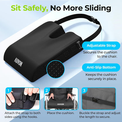 AUVON Gel Wheelchair Seat Cushion, Waterproof Cover, Pressure Sore & Ulcer | Ergonomic Chair Cushion with U-Cutout for Tailbone Pain, Back Pain Relief, Memory Foam Wheelchair Cushion, Anti-Slip