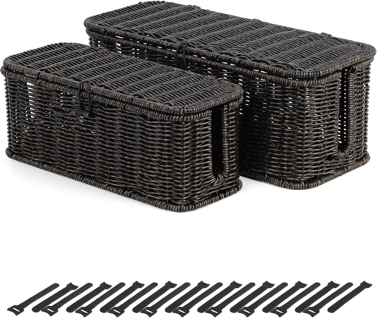 Cable Management Box, Cord Organizer with Lid & Cable Ties - Brown, L