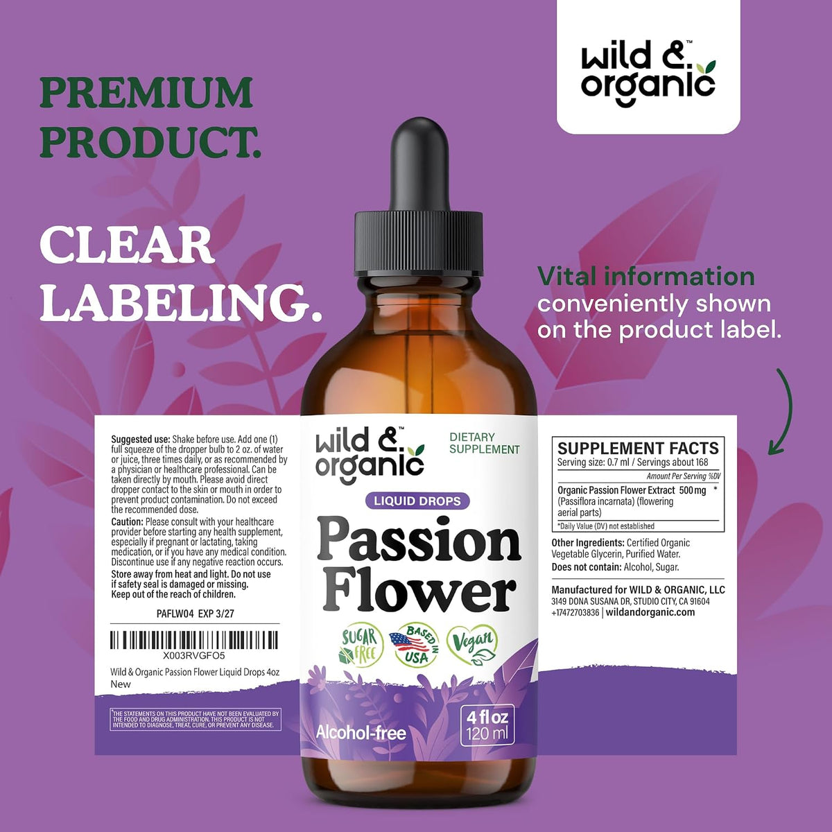 Wild & Organic Passion Flower Tincture - Relaxation, Calmness Support - 4oz
