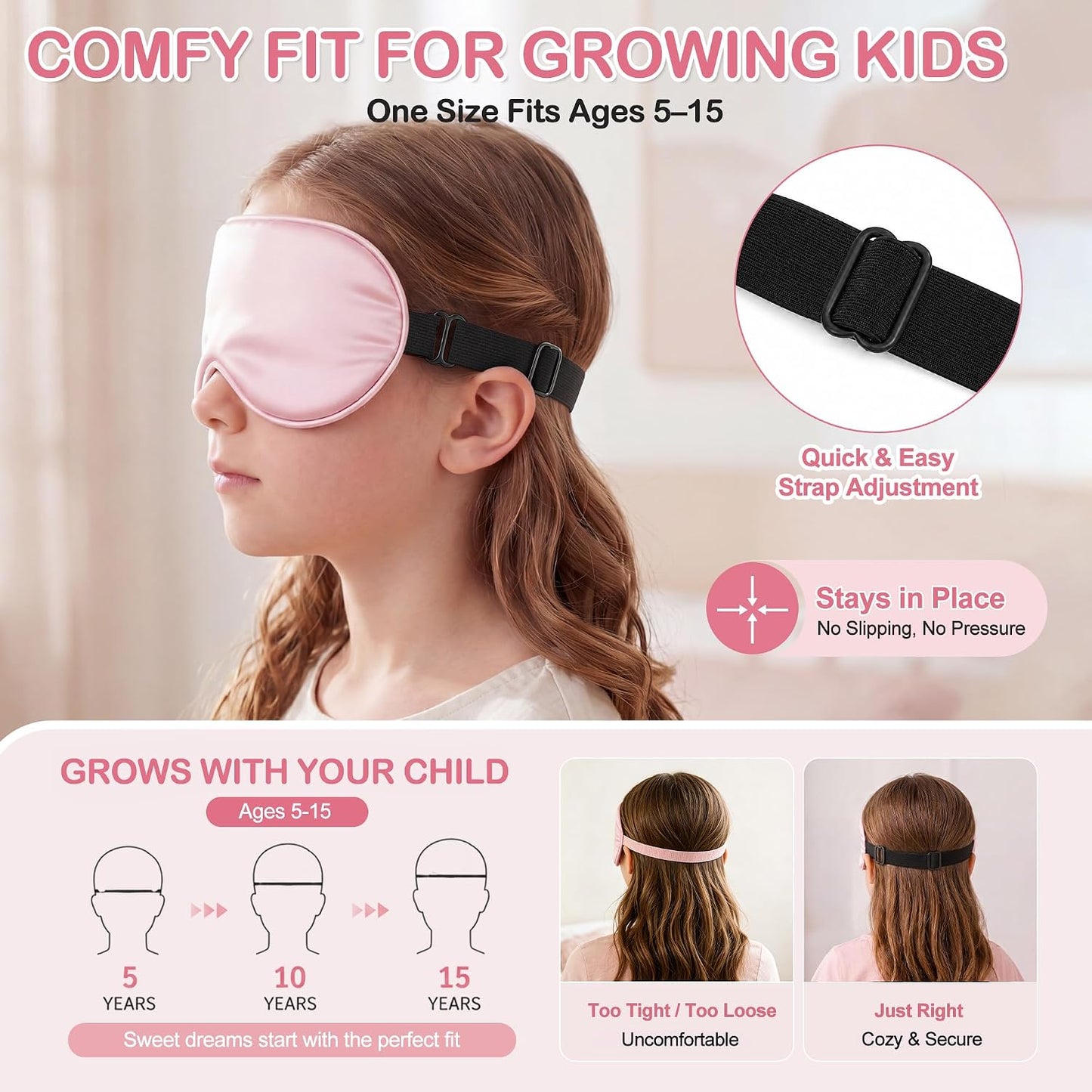 Kids Sleep Mask, Soft Eye Mask for Boys Girls with Adjustable Strap, Silk Light Blocking Sleeping Mask for Naps, Travel and Night Sleep, Includes Laundry Bag (Black)