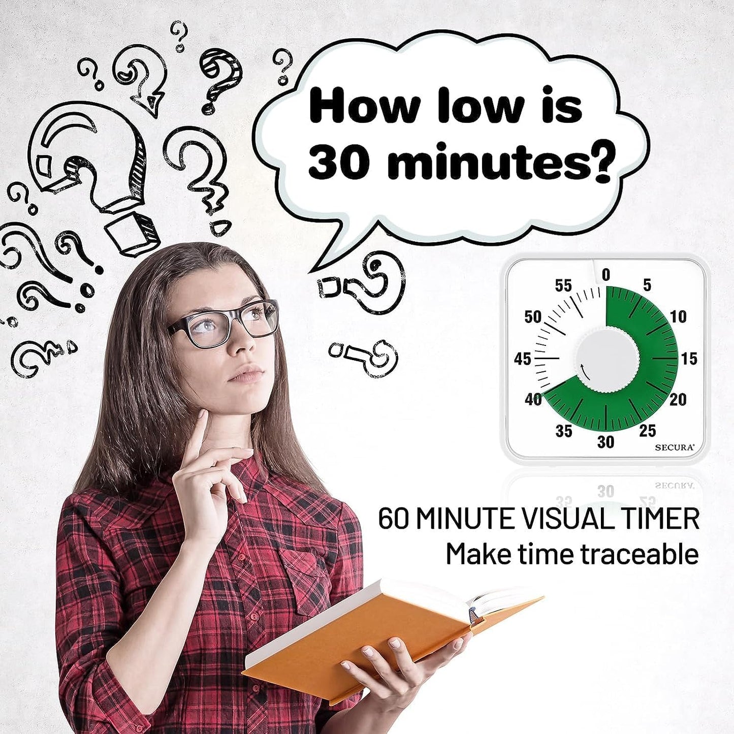 Secura 7.5 Inch Visual Timer, 60 Minute Visual Oversize Countdown Timer for Kids and Adults, Durable Mechanical Time Management Tool (Dark Green)