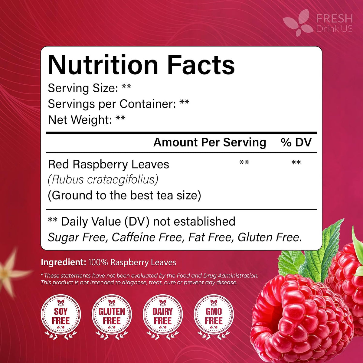 FreshDrinkUS, Premium Raspberry Leaf Tea, Pure, Caffeine Free