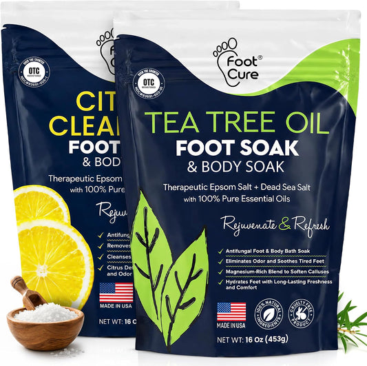 FOOT CURE Tea Tree Oil Foot Soak with Epsom Salt - Best Toenail Fungus Treatment, Athletes Foot & Softens Calluses - Soothes Sore & Tired Feet, Fungal Toe, Foot Odor Scent, Spa Pedicure (Pack of 2)