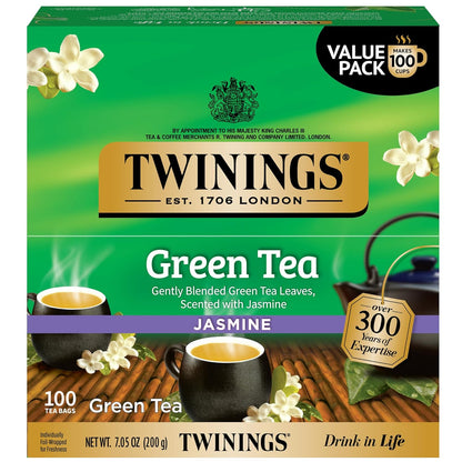 Twinings Green Tea with Jasmine Individually Wrapped Bags, 100 Count (Pack of 1), Fragrant Floral Scent, Caffeinated, Enjoy Hot or Iced, 100 Teabags