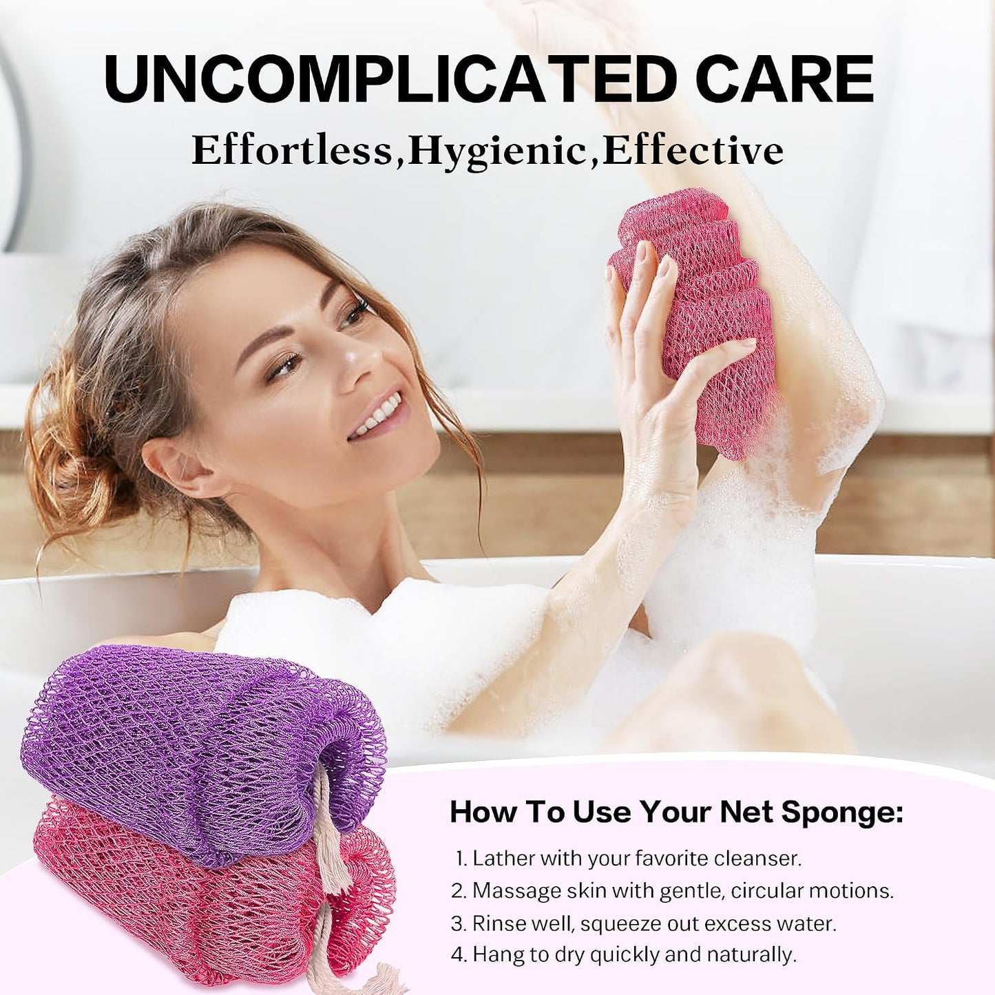 UJFQBH 3 Pieces African Bath Sponge African Net Long Net Bath Sponge Exfoliating Shower Body Scrubber Back Scrubber Skin Smoother,Great for Daily Use (Pink,Yellow,Purple)