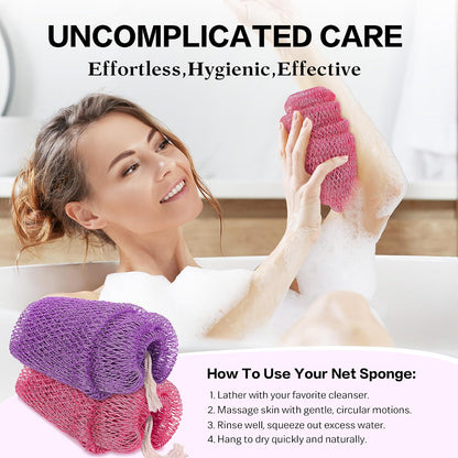 UJFQBH 3 Pieces African Bath Sponge African Net Long Net Bath Sponge Exfoliating Shower Body Scrubber Back Scrubber Skin Smoother,Great for Daily Use (Pink,Yellow,Purple)