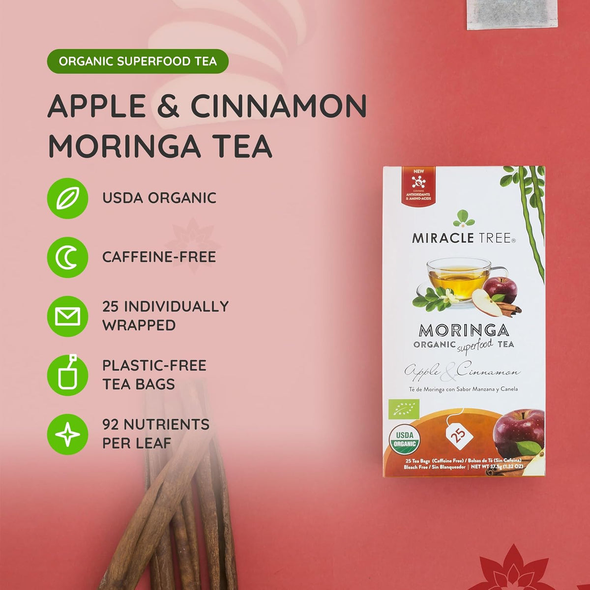 Miracle Tree Organic Moringa Tea, Apple Cinnamon, Caffeine-Free, 25 Bags