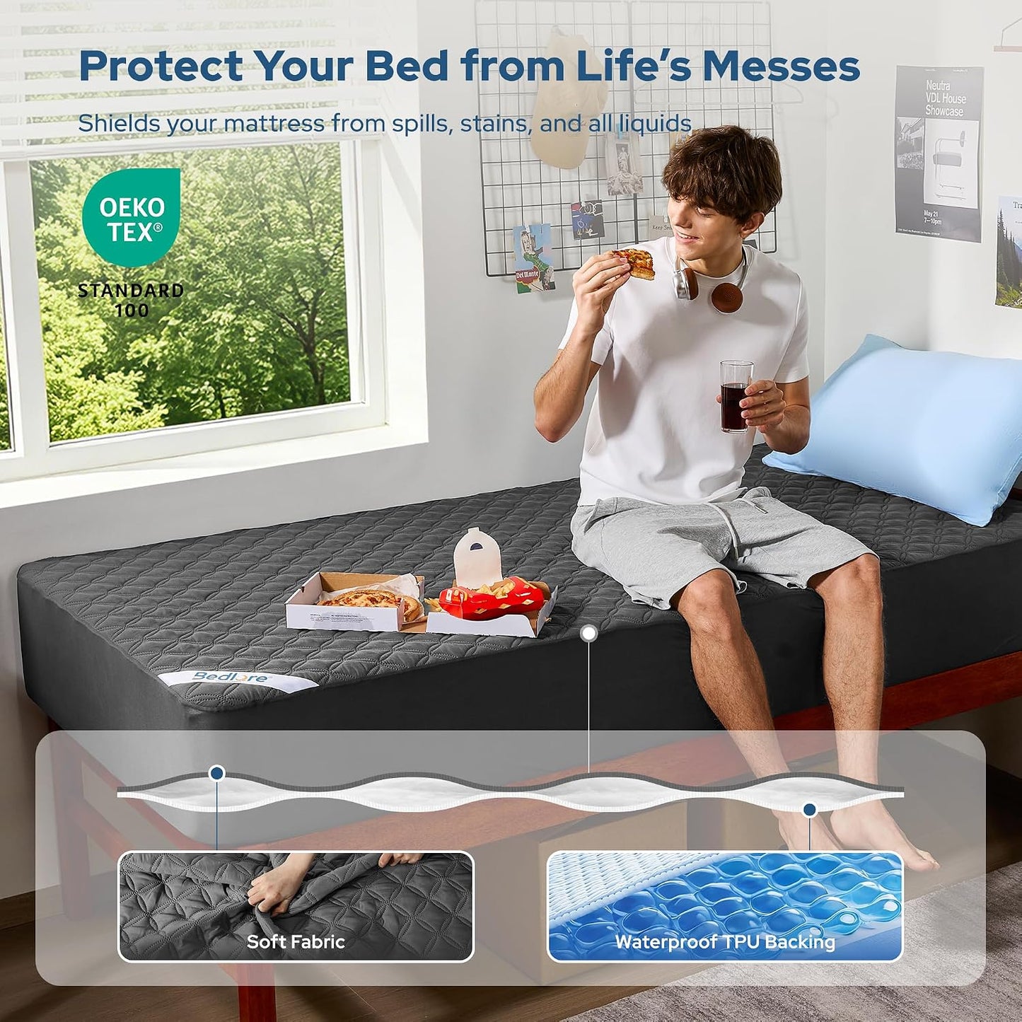 BEDLORE Waterproof Mattress Protector, Noiseless King Size Mattress Pad with Deep Pocket Fitted Up to 6-18 inches, Soft Breathable Dirt-Proof Bed Mattress Cover Washable for Bedroom, Hotel (Gray)