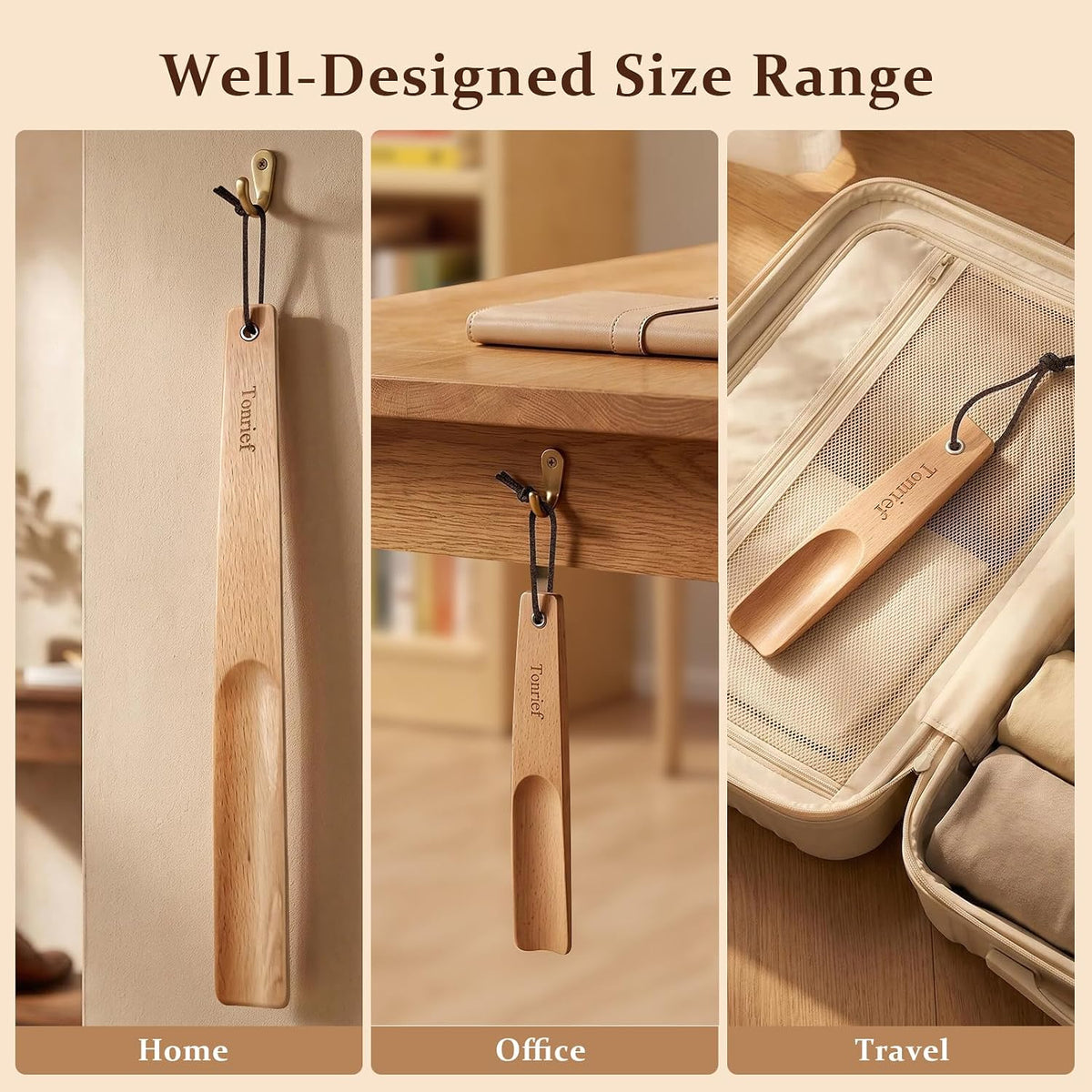 Wooden Shoe Horns Long Handle, Solid Wood Bend Resistant, 3Pack