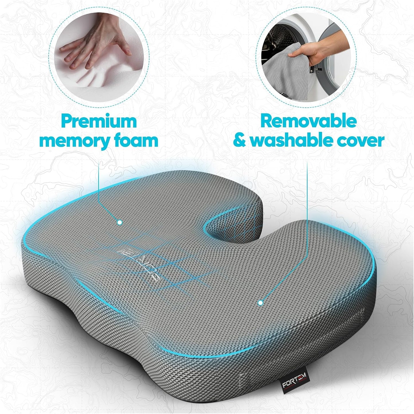FORTEM Seat Cushion, Office Chair Cushion, Memory Foam Car Seat Cushions, Sciatica Coccyx Tailbone Pain Relief, Chair Cushions for Back Support, Sitting Pad for Gaming, Washable Cover, Non Slip