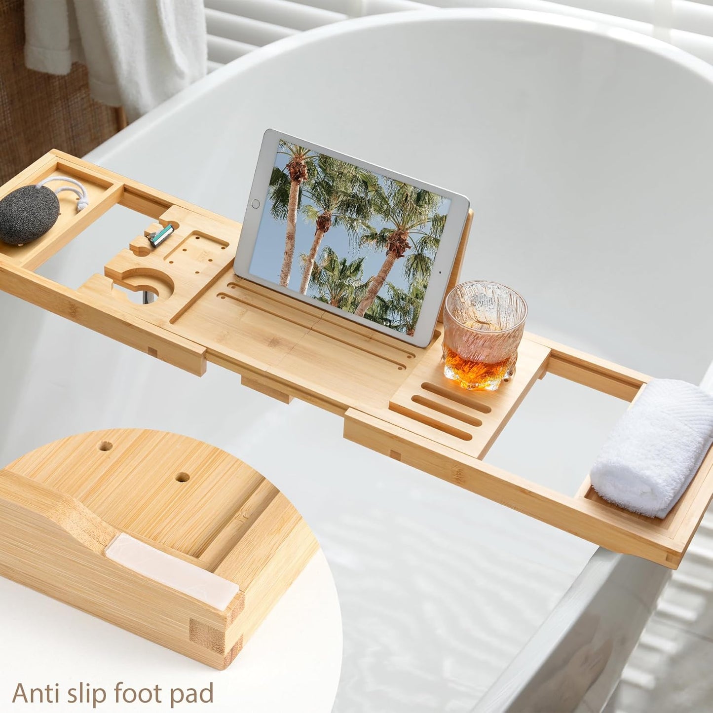 Bamboo Bathtub Tray Caddy - Splash-Proof Adjustable (28.5-40") with Wine Holder, Tablet Stand & Non-Slip Grip | Spa-Grade Organizer for Bath Essentials & Reading- Walnut