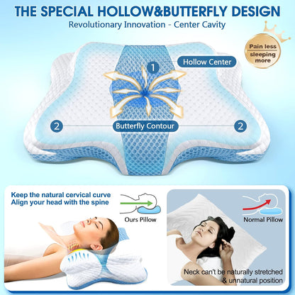 CHxxy Cervical Neck Pillow for Pain Relief Sleeping, Memory Foam Pillows, Ergonomic Side Sleeper Pillows, Cooling Orthopedic Neck Support Pillow for Back Stomach Sleepers-Queen Size Grey&Grey