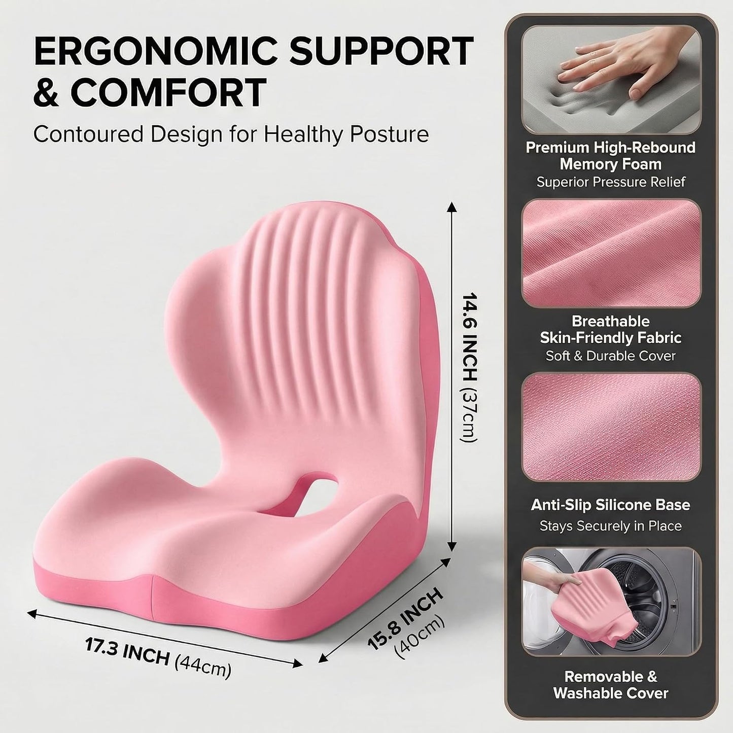 Ergonomic Seat Memory Foam Support Cushion for Back, Car Seat Back Support Cushion for Sciatica Tailbone Pain, Office Desk Chair Car Travel Seat Cushion (Pink)