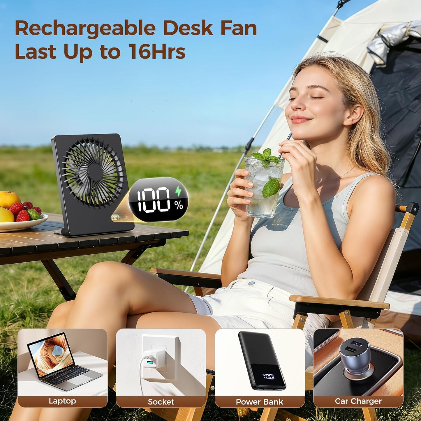 Zuvas Desk Fan Battery Operated Fan Rechargeable 180°Tilt Folding Personal Fan Ultra Quiet Small Portable 3 Speed Adjustable Strong Wind Fan For Office Bedroom Home Desktop Camping (White)