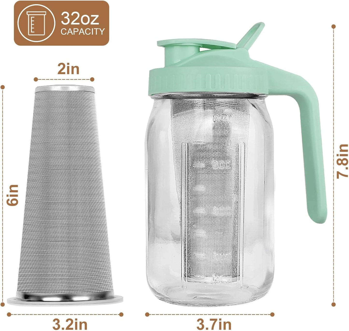 Cold Brew Coffee Maker,64 oz Mason Jar Pitcher with Stainless Steel Filter, Pour Spout Handle Lid, Heavy Duty Glass Airtight & Leak-Proof for Iced Coffee,Tea & Lemonade