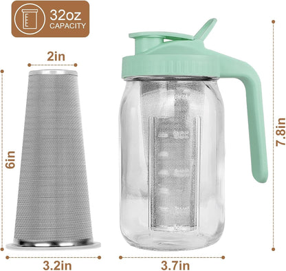 Cold Brew Coffee Maker,64 oz Mason Jar Pitcher with Stainless Steel Filter, Pour Spout Handle Lid, Heavy Duty Glass Airtight & Leak-Proof for Iced Coffee,Tea & Lemonade