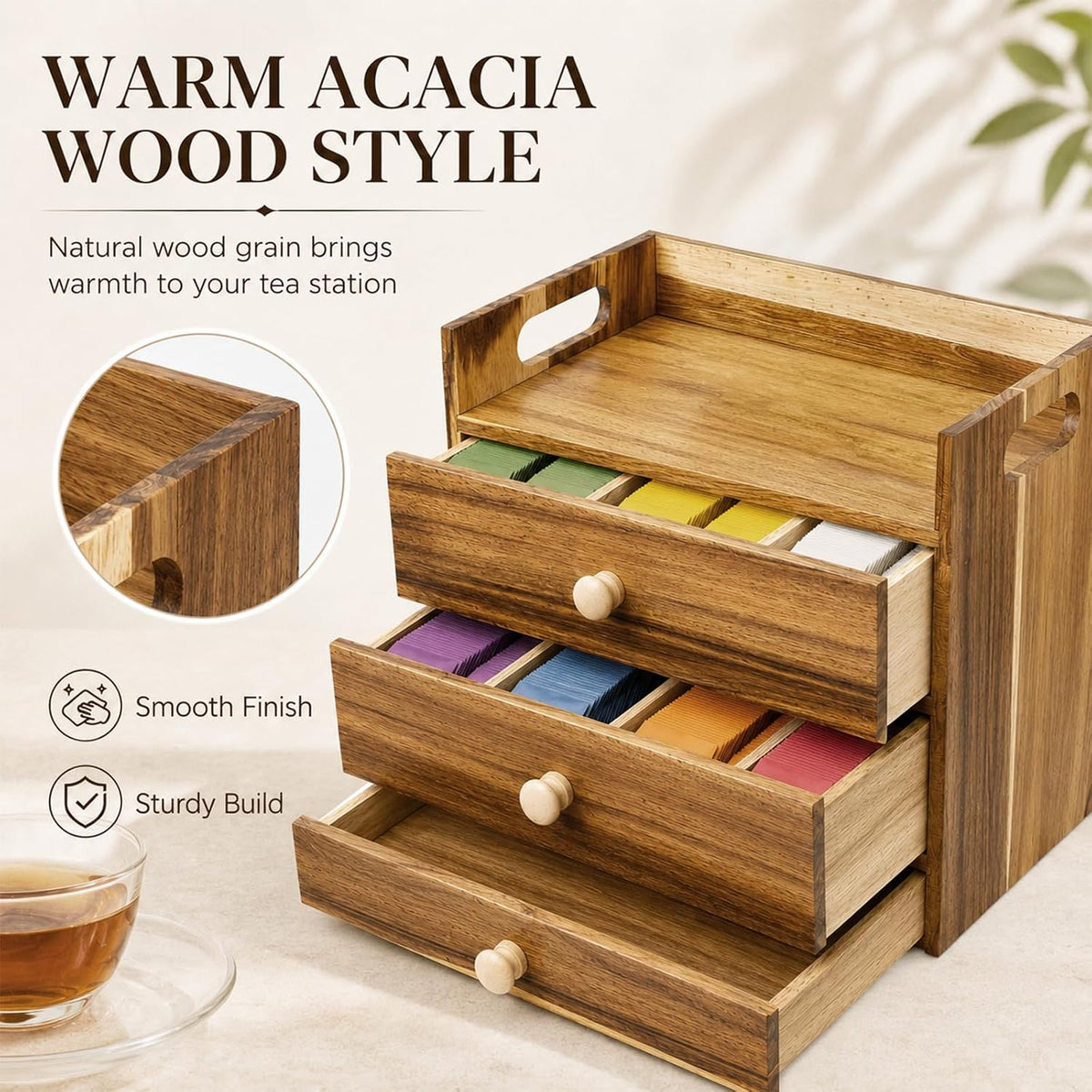 Acacia Wood Tea Bag Organizer, 3-Tier Tea Organizers with 14 Compartments