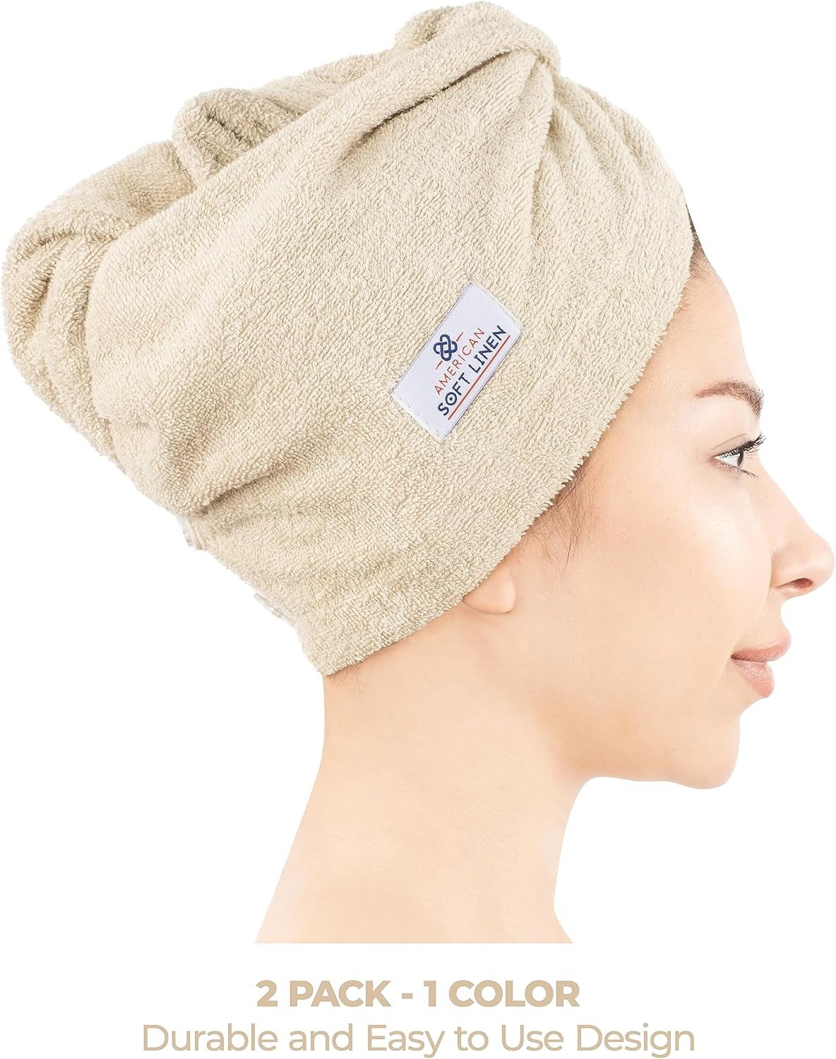 American Soft Linen 100% Cotton Hair Towels for Women, Head Towel Cap, Cotton Hair Turban Towel Wrap for Long Curly Anti Frizz Hair, Soft and Absorbent Cotton Hair Towels 2 Pack, White