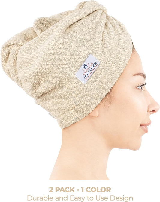 American Soft Linen 100% Cotton Hair Towels for Women, Head Towel Cap, Cotton Hair Turban Towel Wrap for Long Curly Anti Frizz Hair, Soft and Absorbent Cotton Hair Towels 2 Pack, White