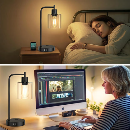 QiMH Industrial Table Lamp for Bedroom Set of 2, Green Glass Beside Lamp with USB A&C Ports, Stepless Dimmable Gold Lamps, Nightstand Lamps for Living Room, Office, Home Decor(Bulb Included)