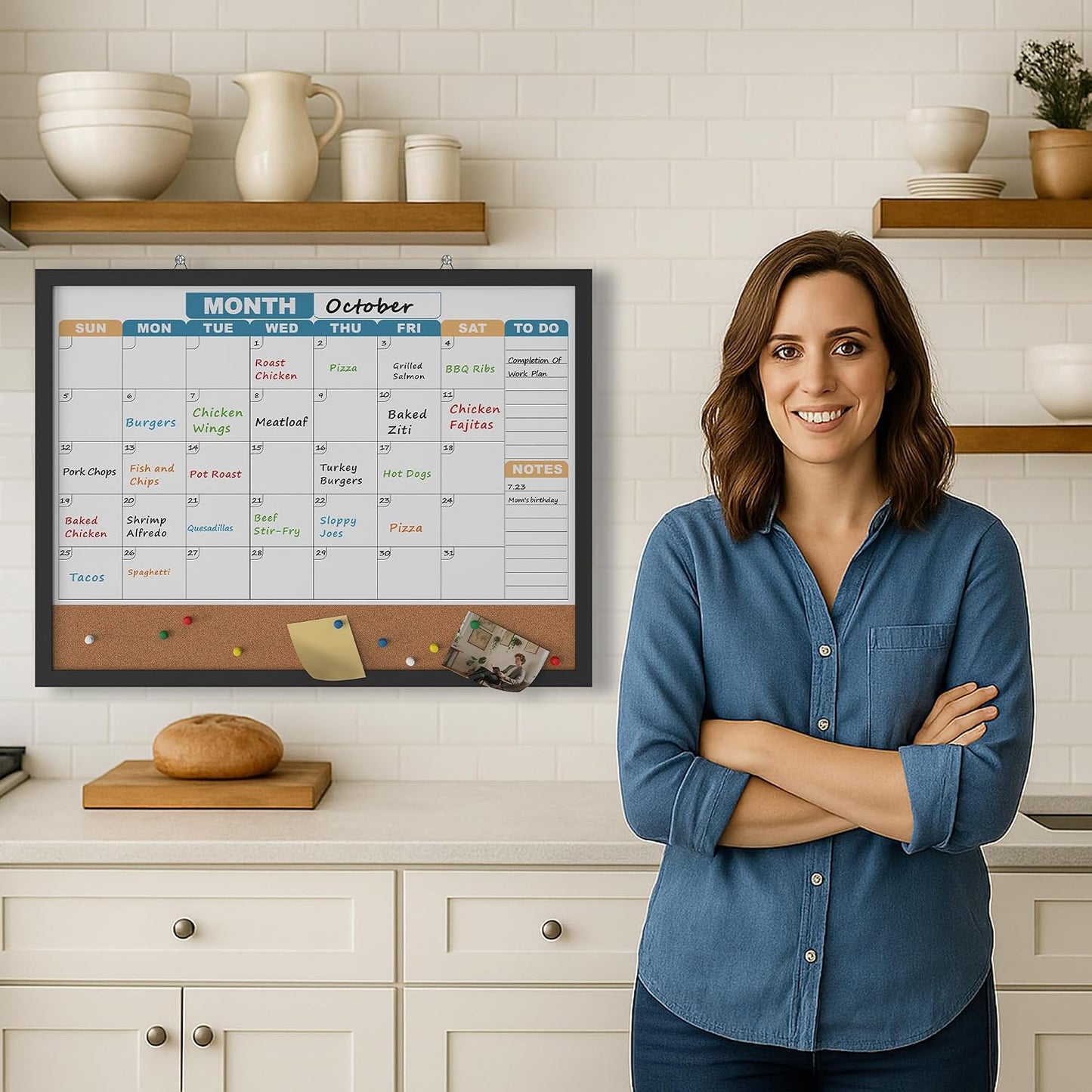 Monthly Calendar Dry Erase Board 16x12 Inch, Double-Sided Whiteboard and Corkboard Combo, Wall Mounted Planner Organizer with Markers, Magnets, Push Pins, Eraser, for Home Office School