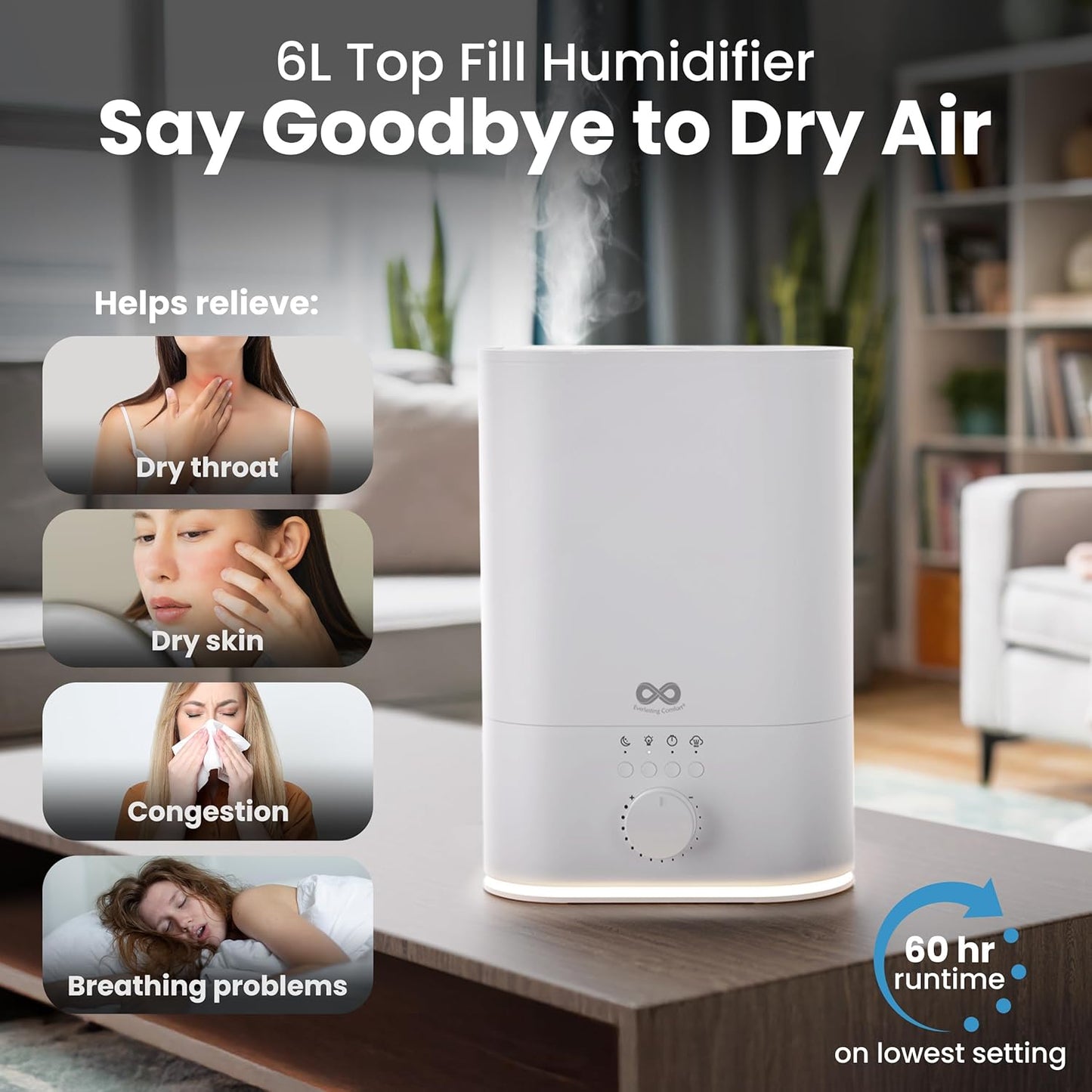Everlasting Comfort 2.5L Top Fill Humidifier for Bedroom – Quiet, Easy to Fill & Clean, 24HR Runtime, Night Lights, Timer, Ultrasonic Cool Mist, Auto Shut-Off for Indoor Use - White