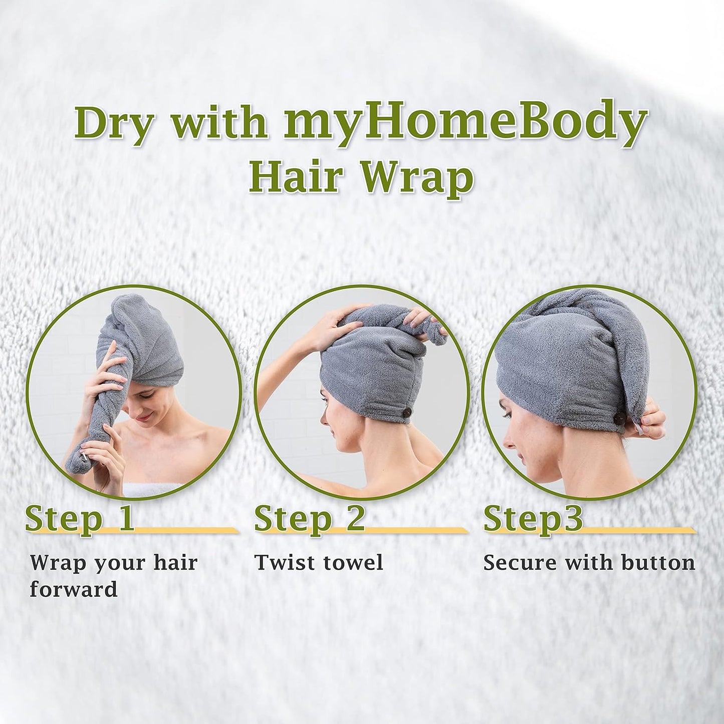 myHomeBody Hair Towel Wrap, Luxury Quick Drying Turban, Ultra Soft Absorbent Charcoal Fiber Cap, with Coconut Shell Button – Gray