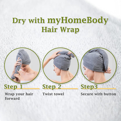 myHomeBody Hair Towel Wrap, Luxury Quick Drying Turban, Ultra Soft Absorbent Charcoal Fiber Cap, with Coconut Shell Button – Gray