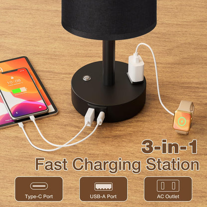 Touch Bedside Table Lamp with Memory - Stepless Dimmable Lamp for Bedroom, Small Nightstand Lamp with Dual USB Charging Ports and AC Outlet, Wood Night Light, Desk Lamp for Nursery, Living Room, Dorm