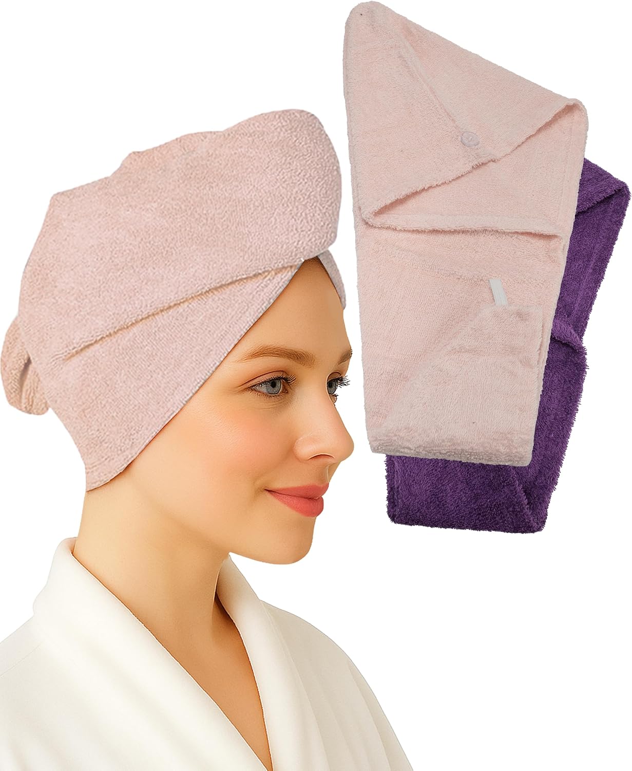 Textila 100% Cotton Hair Wrap Towels for Women (Pack of 2, Raspberry & Green) – Soft & Absorbent Turban Towels for Long, Curly, Frizz-Prone Hair