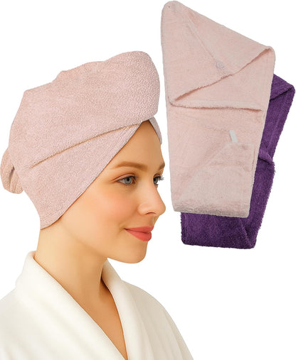 Textila 100% Cotton Hair Wrap Towels for Women (Pack of 2, Raspberry & Green) – Soft & Absorbent Turban Towels for Long, Curly, Frizz-Prone Hair
