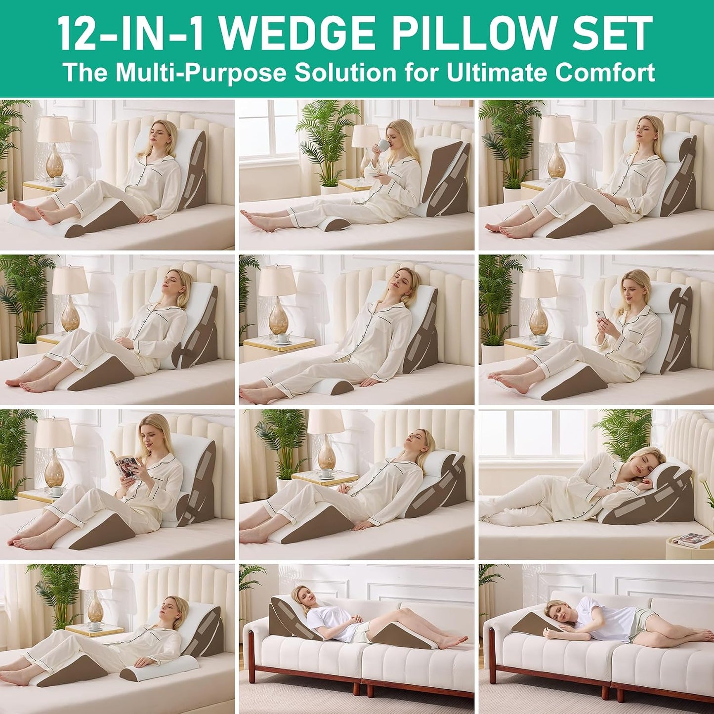 4PCS Wedge Pillow Set for After Surgery, White/Grey