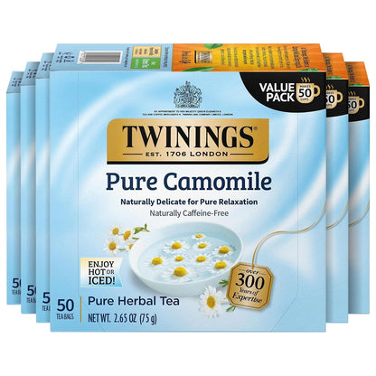 Twinings Pure Camomile Herbal Tea individually Wrapped Bags, 50 Count (Pack of 6), Naturally Caffeine-Free, Enjoy Hot or Iced, 300 Teabags