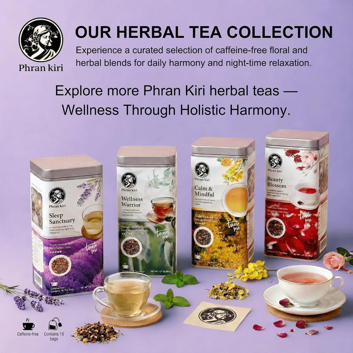Sleep Sanctuary by Phran kiri - Caffeine-Free Herbal Tea Bags for Night Time Relaxation, Soothing Lavender & Chamomile Herbal Teas for a Cozy Evening Ritual, 18 Count (1.27 oz)