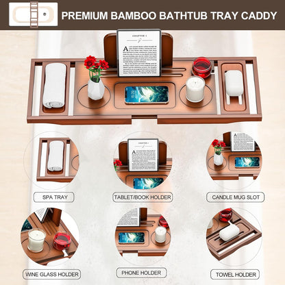 Bathtub Tray Caddy - Bath Tray - Bath Tub Tray Caddy - Bamboo Bath Table Tray for Tub - Expandable Size, Fits Most Tubs