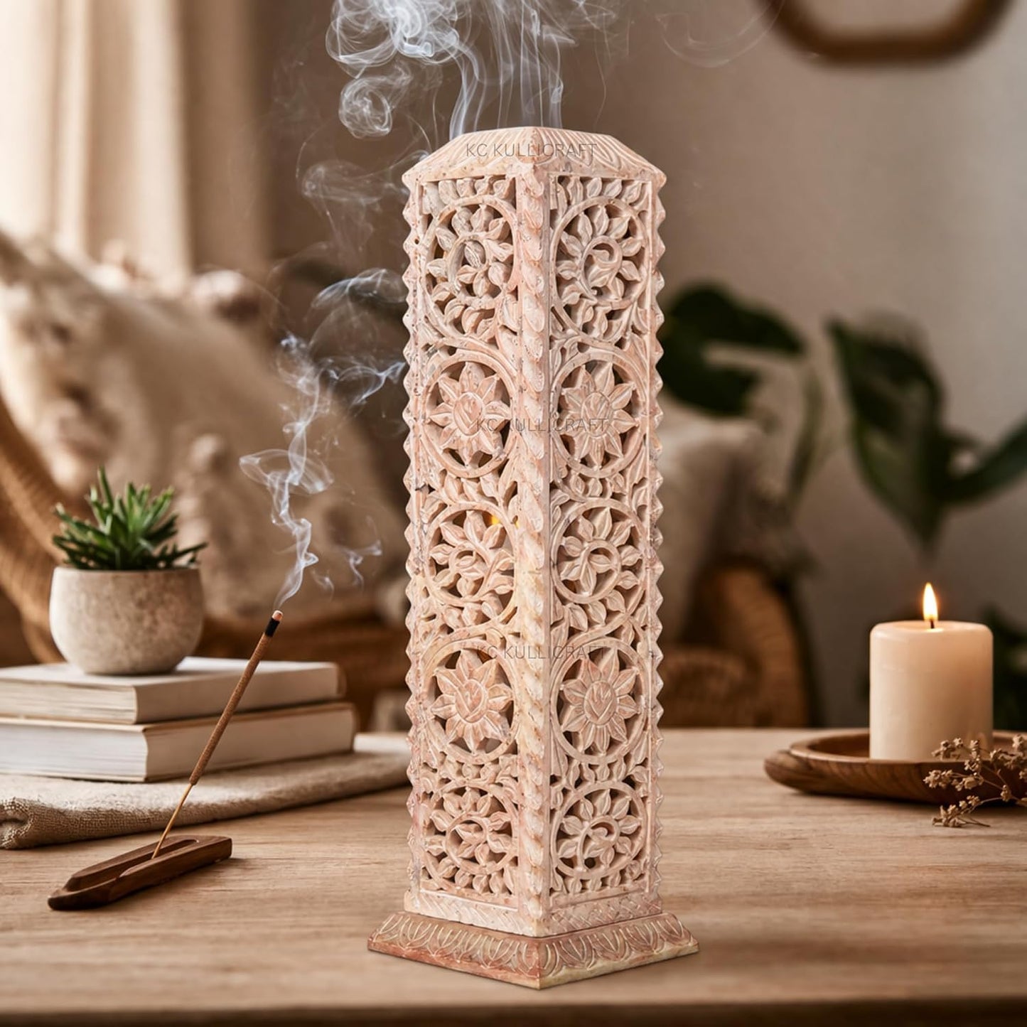 Carry Me Handmade Marble Soapstone Incense Stick Burner | Candle Stick Holder, Tea Light Stand, 3 x 3 x 11 Inches, Decorative Home and Kitchen Decor, Perfect for Gifting