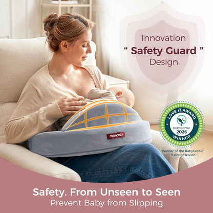 Momcozy CozyPro Nursing Pillow - All Around Lumbar & Arm Support - Safety Guard, Firm & Springy Memory Foam-Stable, Ergonomic Support, Easier Breastfeeding, Wider Cushion, Adjustable, Removable Cover