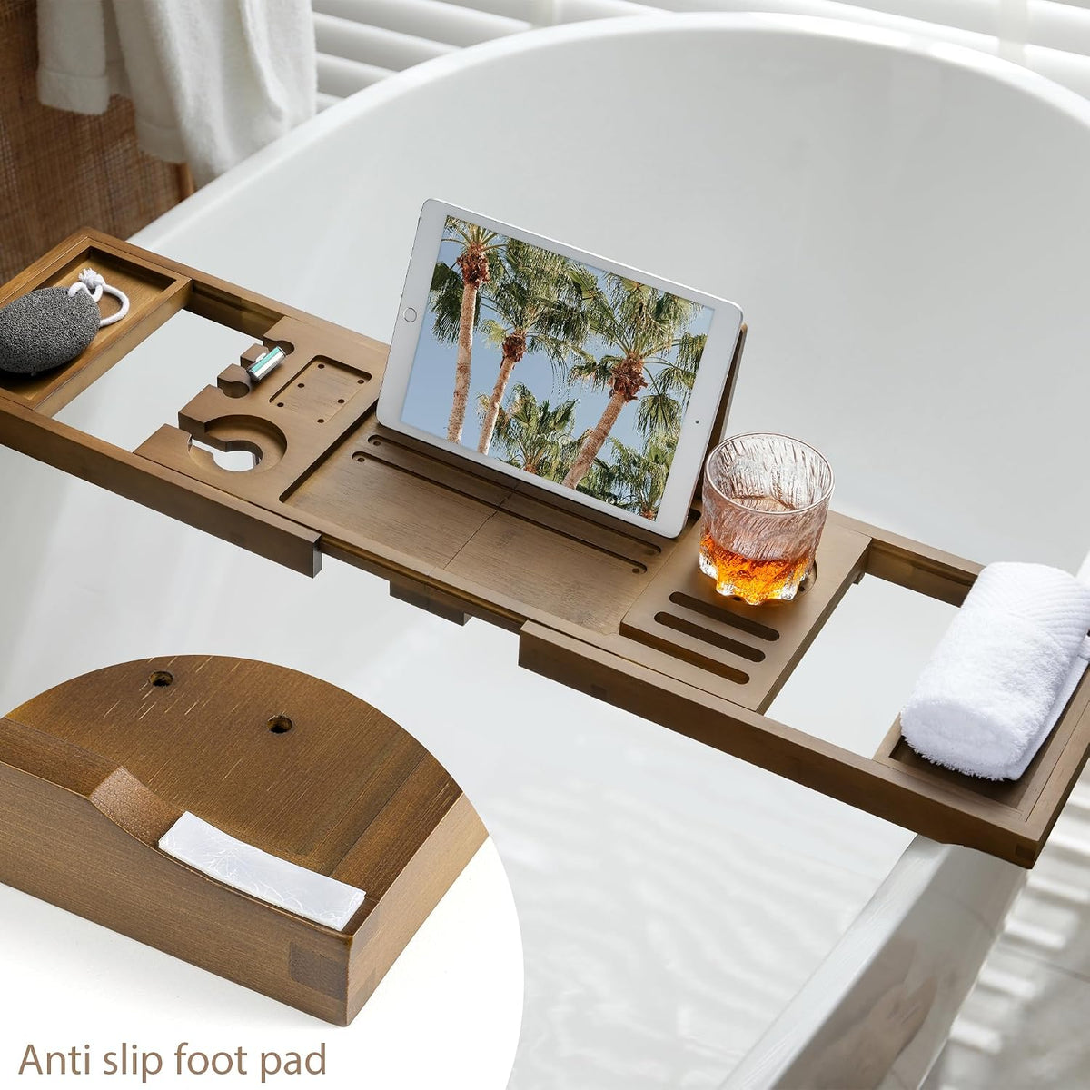 Bamboo Bathtub Tray Caddy, Adjustable Walnut Finish 28.5‑40"