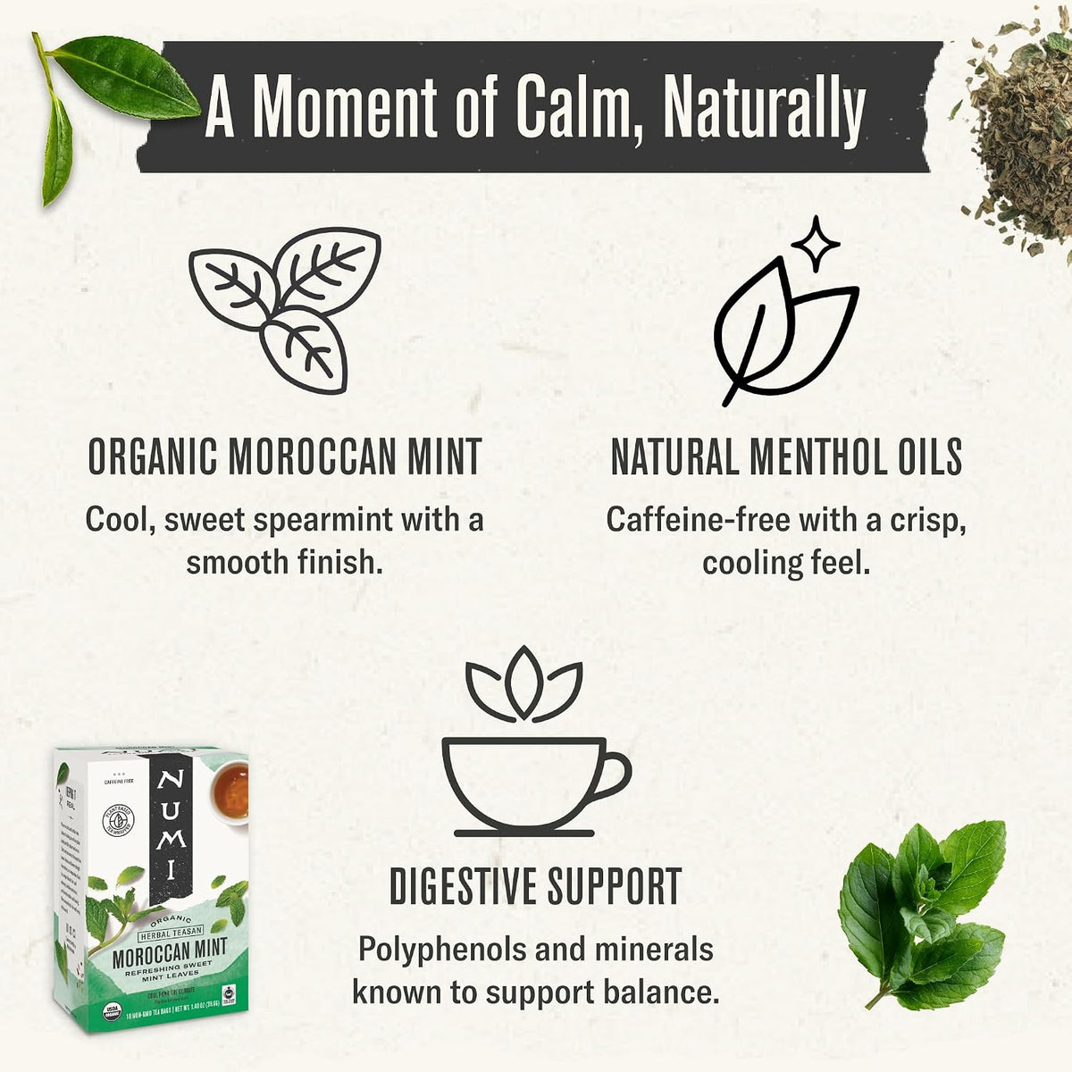Numi Organic Moroccan Mint Tea, 18 Herbal Tea Bags, Caffeine Free