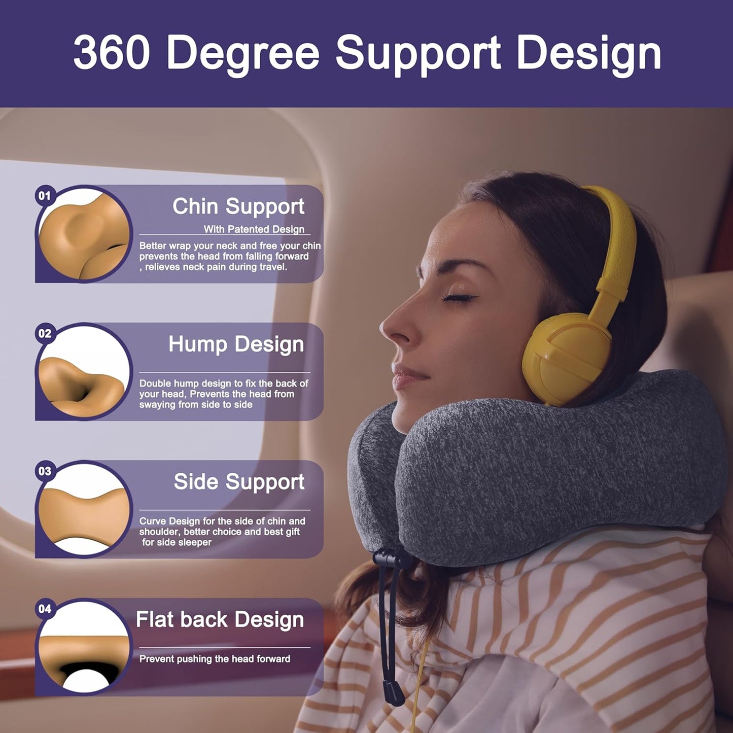 napfun Neck Pillow for Traveling, Upgraded Travel Neck Pillow for Airplane 100% Pure Memory Foam Travel Pillow for Flight Headrest Sleep, Portable Plane Accessories, Light Grey