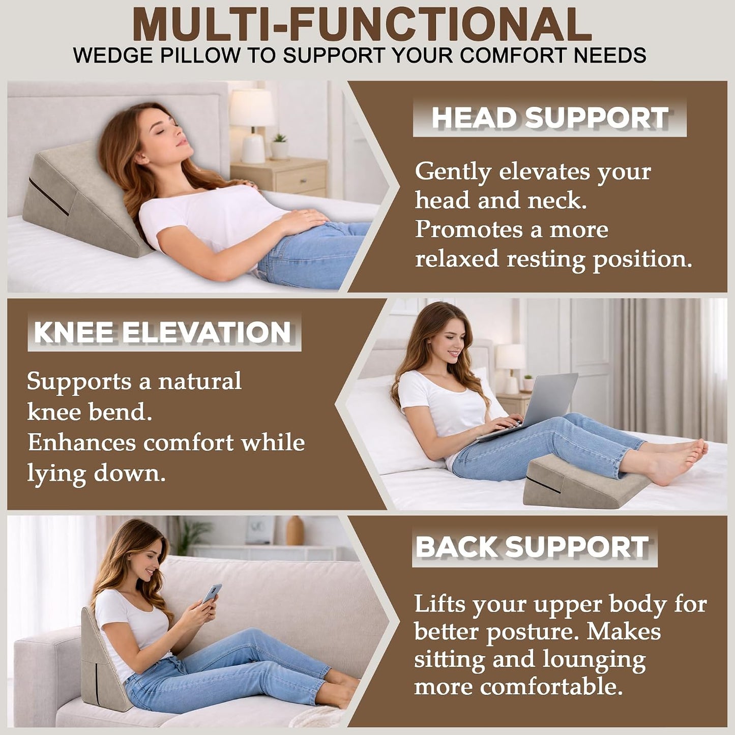 sokoro Bed Wedge Pillow for Sleeping, Small 7 Inch Compact Triangle Wedge Pillow for Acid Reflux, Sleep Apnea & Snoring Relief, Firm Incline for Back Support, Washable Cover (Grey, 24x14x7 in)
