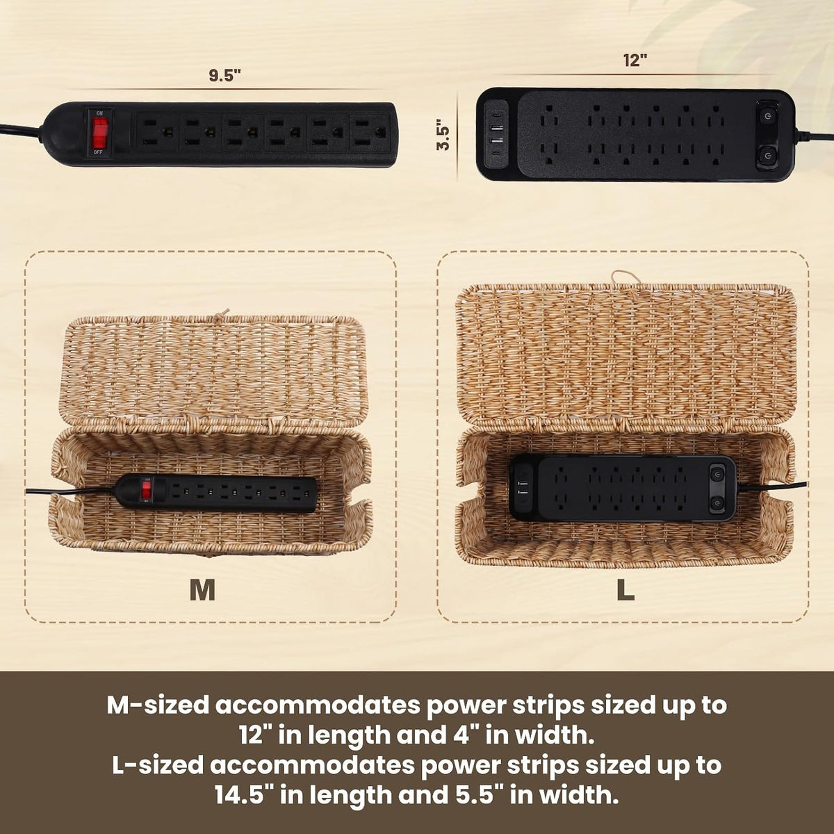 Cable Management Box, Cord Organizer with Lid & Cable Ties - Brown, L
