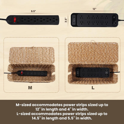 Cable Management Box, Cord Organizer with Lid & Cable Ties - Brown, L