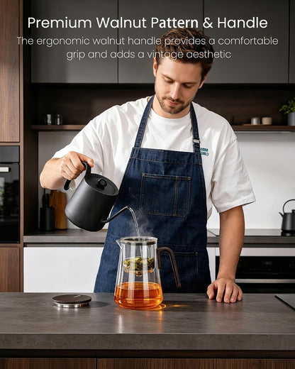 ZENS Magnetic Tea Pot, Enchanted Glass Teapot with Infuser and Magnetic Suction Lid for Mess-Free Loose Tea Diffusers, Walnut Wood Handle, Tea Lovers Gifts